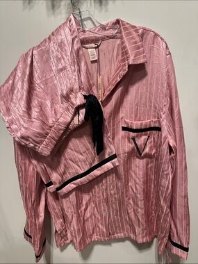 Victoria’s Secret VS Womens Satin Buttons Down Black Trim Pink Pajama Set Sz XL